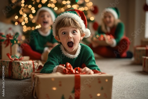 Two kids in elf costumes opening gifts, parents smiling on sofa, festive room.