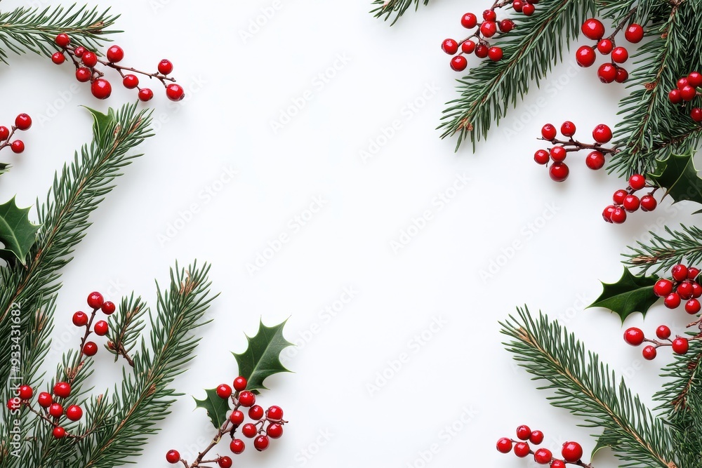 Holly berries and evergreen branches on white, flat lay, Christmas banner. Holly berries and evergreen branches on white, flat lay, Christmas banner.