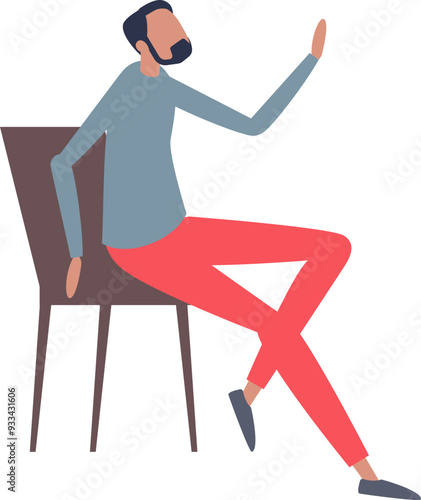Man in casual attire sits on a chair, gesturing as if in conversation.