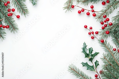 Holly berries and evergreen branches on white, flat lay, Christmas banner.