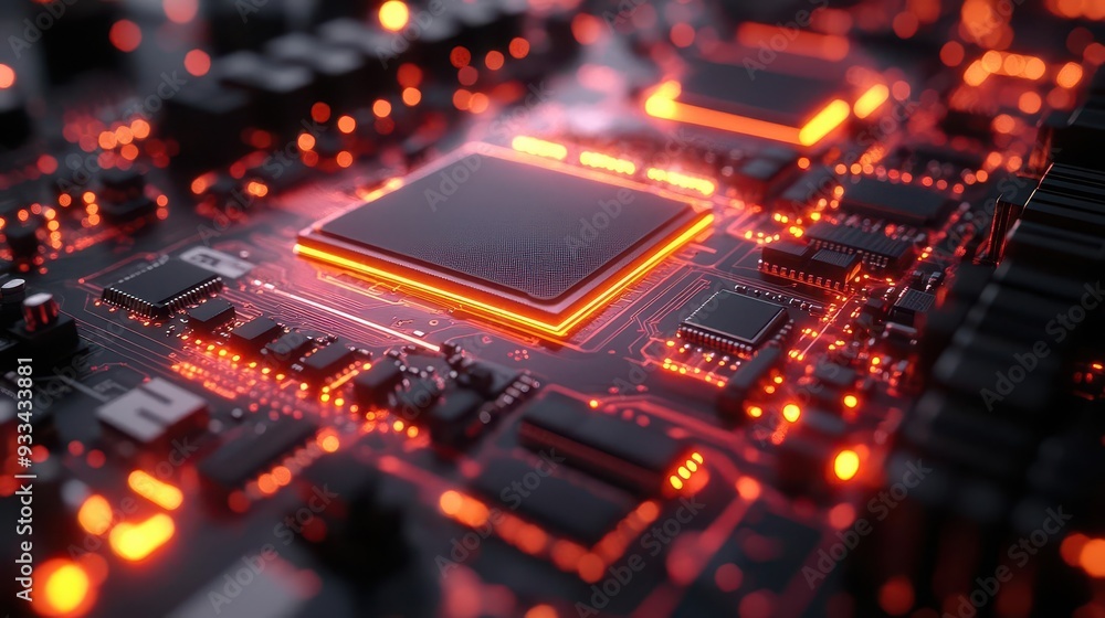 intricate closeup of a hightech circuit board with glowing neon traces 3d microchips and holographic data streams floating above its surface intricate closeup of a hightech circuit board with glowing neon traces 3d microchips and holographic data streams floating above its surface