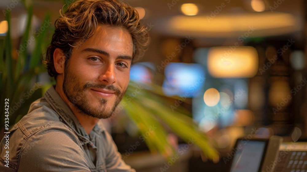 Smiling man at hotel reception desk with welcoming ambiance Smiling man at hotel reception desk with welcoming ambiance