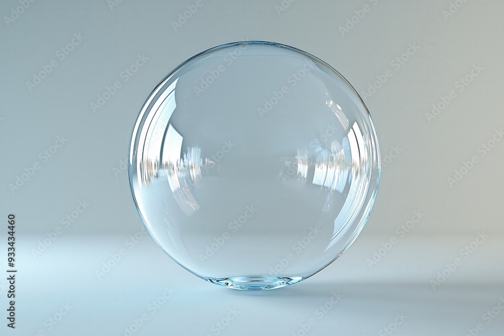Single floating bubble, crystal clear on white, 3D illustration. Copy space for text, No logo, No Trademark, No text Single floating bubble, crystal clear on white, 3D illustration. Copy space for text, No logo, No Trademark, No text
