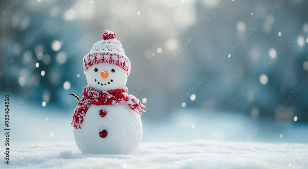 Snowman with red striped hat and scarf in snowy landscape, blue bokeh sky. Snowman with red striped hat and scarf in snowy landscape, blue bokeh sky.