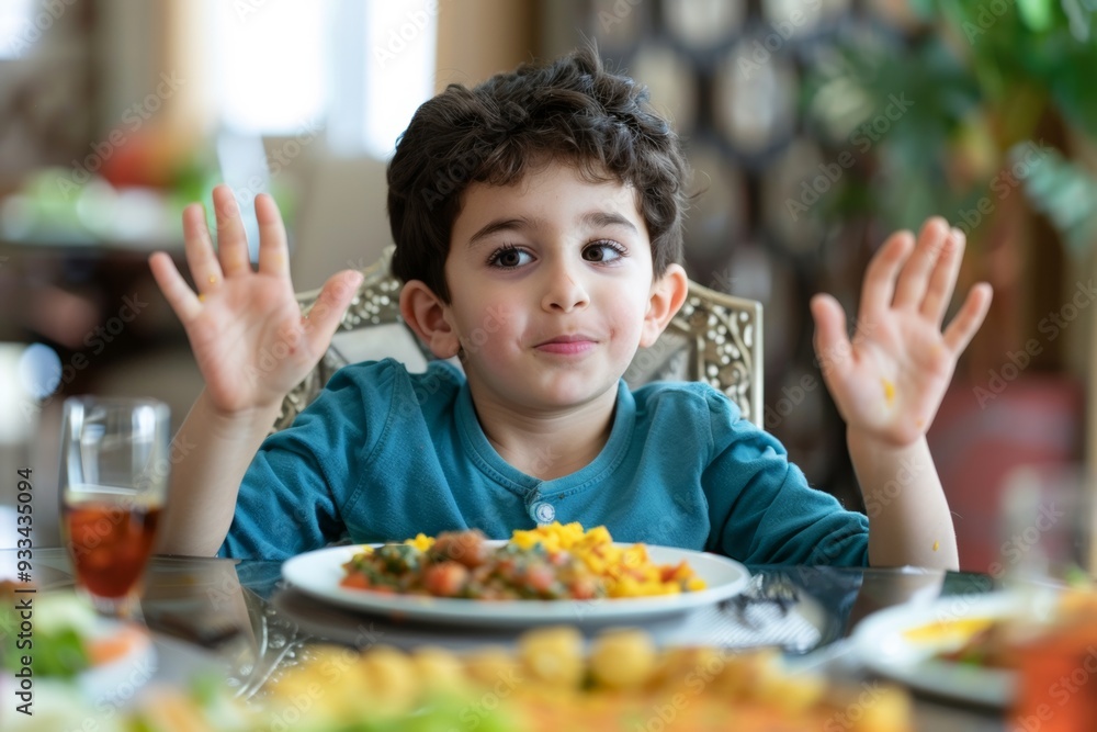 Cheerful boy ethnic wear gestures joyfully colorful dining spread. Joyful moment of young boy traditionalwear hands up festive spread. Intersection of tradition and youthful exuberance dinner table. Cheerful boy ethnic wear gestures joyfully colorful dining spread. Joyful moment of young boy traditionalwear hands up festive spread. Intersection of tradition and youthful exuberance dinner table.