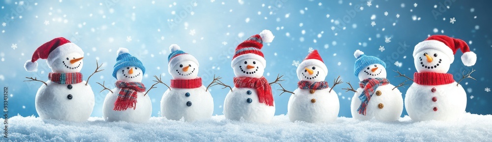 Colorful snowmen in the snow with falling snowflakes, blue sky, panoramic view. Colorful snowmen in the snow with falling snowflakes, blue sky, panoramic view.