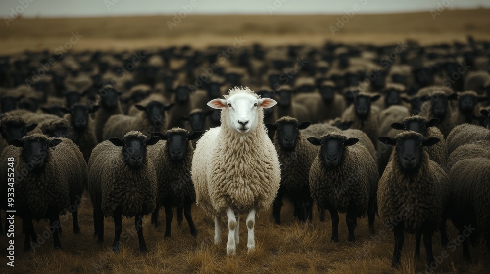 Fototapeta premium A compelling scene featuring a solitary white sheep making a strong visual contrast as it stands among a sea of black sheep, highlighting themes of individuality and diversity.