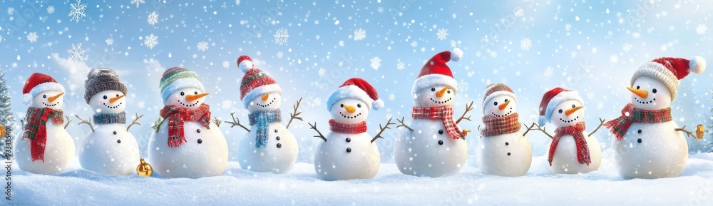 Colorful snowmen in the snow with falling snowflakes, blue sky, panoramic view. Colorful snowmen in the snow with falling snowflakes, blue sky, panoramic view.