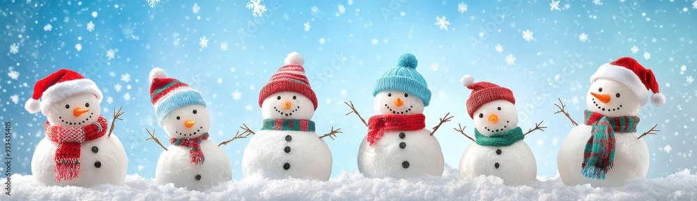 Colorful snowmen in the snow with falling snowflakes, blue sky, panoramic view. Colorful snowmen in the snow with falling snowflakes, blue sky, panoramic view.