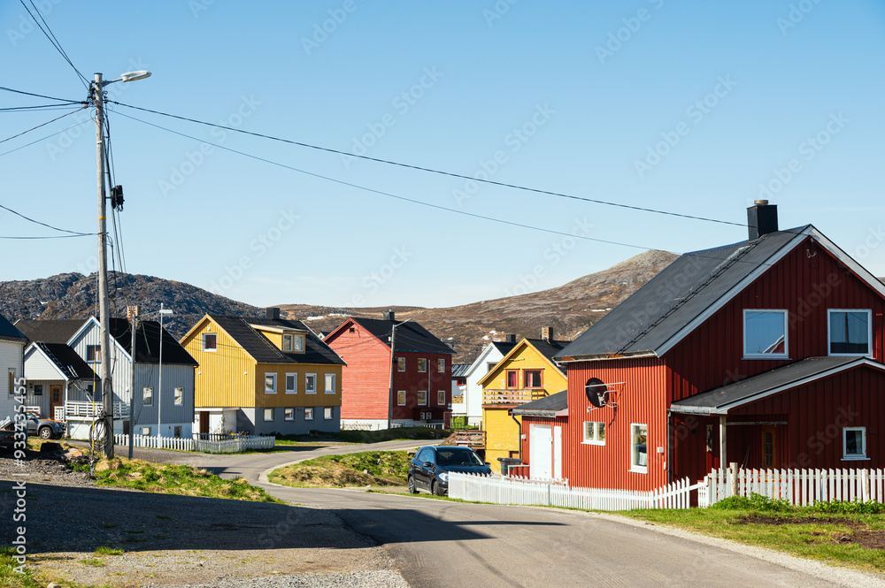 view of the village of Gjesvaer during a sunny spring day, north Cape, mageroya island, Norway view of the village of Gjesvaer during a sunny spring day, north Cape, mageroya island, Norway