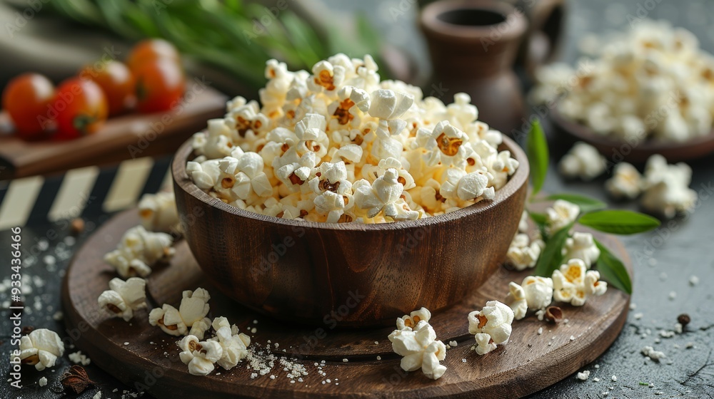 Delicious bowl of popcorn with fresh tomatoes and herbs Delicious bowl of popcorn with fresh tomatoes and herbs