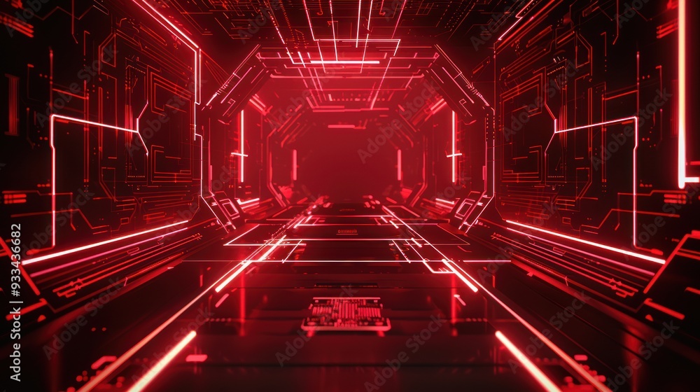 Futuristic Red Neon Corridor with Circuitry Futuristic Red Neon Corridor with Circuitry
