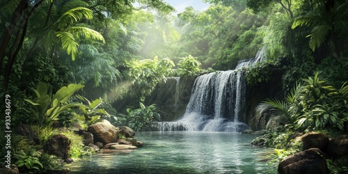 Waterfall in lush green tropical jungle.