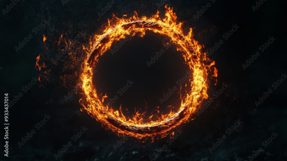Fototapeta premium A circular ring of intense fire set against a dark backdrop, visually striking and symbolizing infinite energy, strength, and a sense of void with its blazing presence.