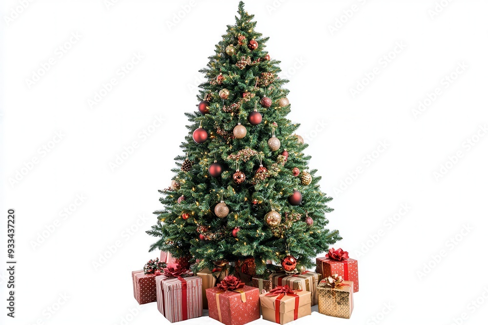 3D Christmas tree with red and white gifts on a pure white background. 3D Christmas tree with red and white gifts on a pure white background.