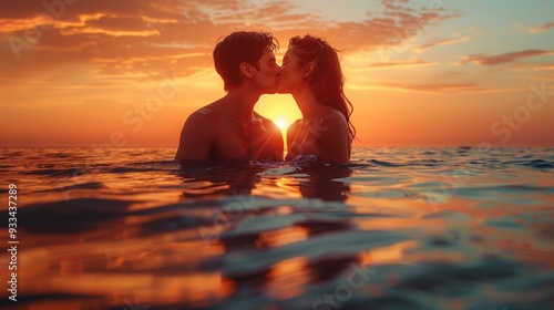 Fototapeta Naklejka Na Ścianę i Meble -  Romantic couple kissing in the ocean at sunset with a warm glow