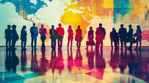 Silhouettes of business people standing against a colorful world map backdrop, representing global business interactions and diversity in a modern setting.