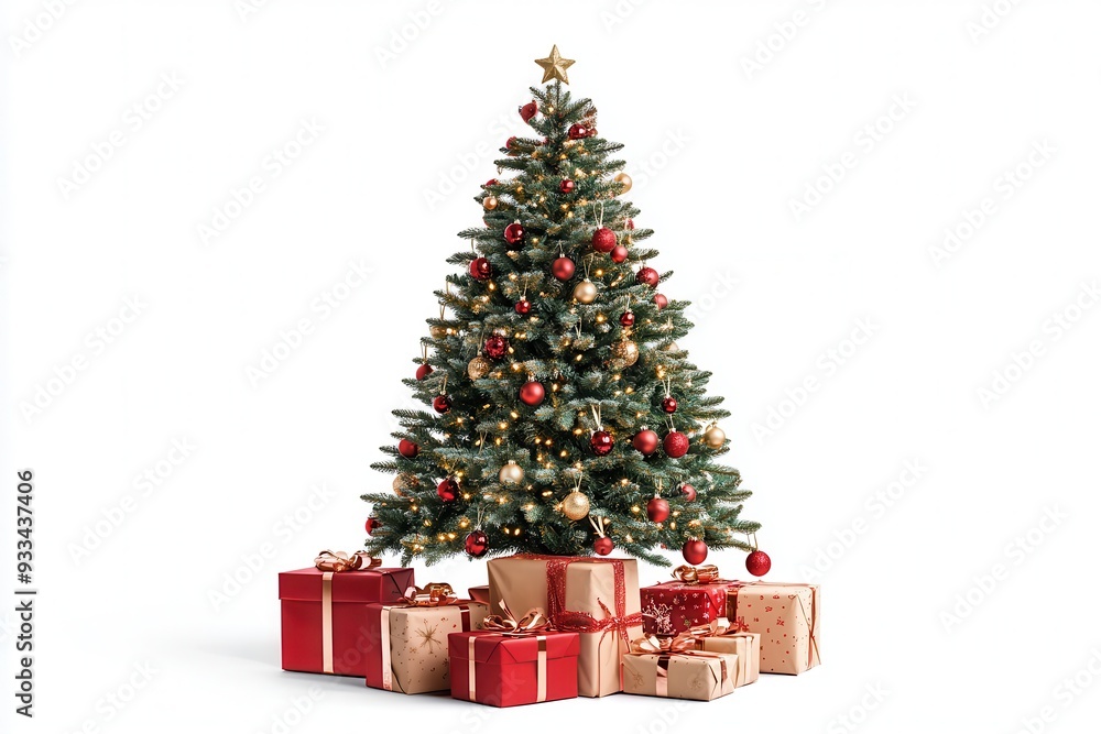 3D Christmas tree with red and white gifts on a pure white background. 3D Christmas tree with red and white gifts on a pure white background.