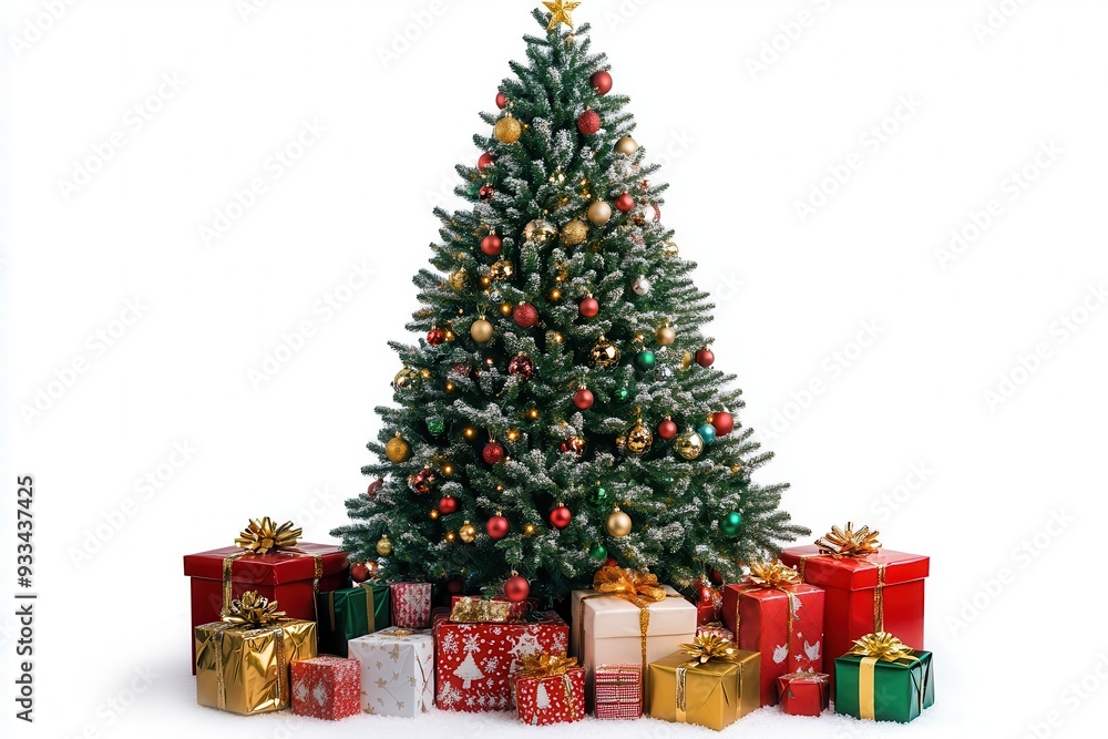 3D Christmas tree with red and white gifts on a pure white background. 3D Christmas tree with red and white gifts on a pure white background.