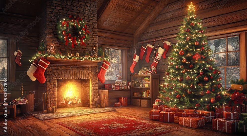 Cozy Christmas room with a lit tree, presents, and a warm fireplace, festive decor. Cozy Christmas room with a lit tree, presents, and a warm fireplace, festive decor.