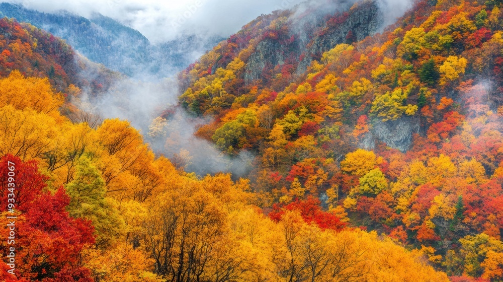 A mountain range with trees in various colors and a foggy sky, AI A mountain range with trees in various colors and a foggy sky, AI