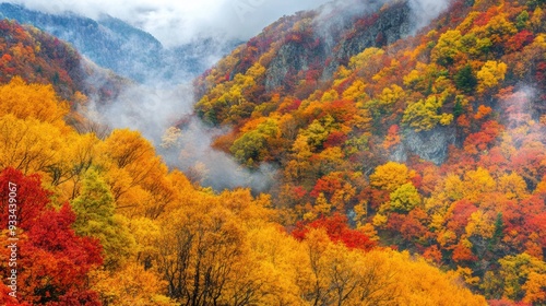 A mountain range with trees in various colors and a foggy sky, AI