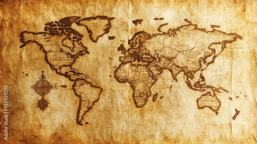 A vintage world map with an antique compass in a sepia toned design, offering an old-world charm and a sense of exploration, perfect for history enthusiasts and travelers.