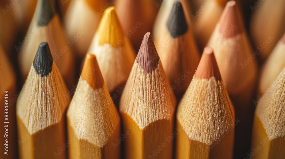 A close-up image showing different colored pencils that are carefully sharpened and arrayed side by side. The tips of the pencils form a colorful mosaic with various hues. A close-up image showing different colored pencils that are carefully sharpened and arrayed side by side. The tips of the pencils form a colorful mosaic with various hues.