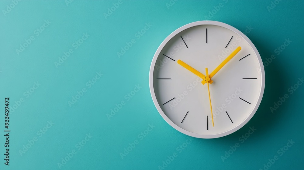 A modern wall clock with a yellow and white color scheme is set against a vibrant turquoise background. The clock hands point to indicate the time on a clean minimalist design. A modern wall clock with a yellow and white color scheme is set against a vibrant turquoise background. The clock hands point to indicate the time on a clean minimalist design.