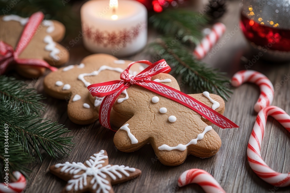 Gingerbread cookies with red and white ribbon, surrounded by candy canes, Christmas decor. Gingerbread cookies with red and white ribbon, surrounded by candy canes, Christmas decor.