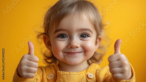 joyful toddler with beaming smile giving enthusiastic thumbsup vibrant yellow background enhances the cheerful mood closeup portrait capturing innocence and positivity of childhood