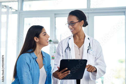 Doctor, woman or clipboard in office for healthcare, good news and positive results. Specialist, patient or notes in consultation for diagnosis, insurance information or treatment regime for healing