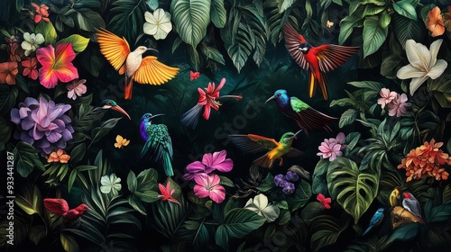 Fototapeta Naklejka Na Ścianę i Meble -  A lush floral paradise with colorful blooms and fluttering birds is displayed on a dark background