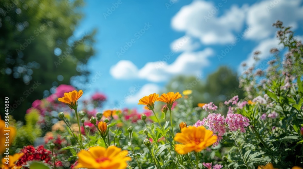 A tranquil view of blooming flowers under a bright blue sky on a sunny day A tranquil view of blooming flowers under a bright blue sky on a sunny day