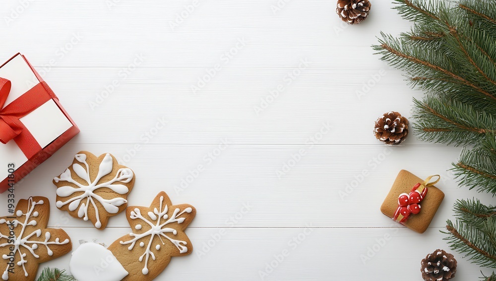 Gingerbread cookies with red and white ribbon, surrounded by candy canes, Christmas decor. Gingerbread cookies with red and white ribbon, surrounded by candy canes, Christmas decor.