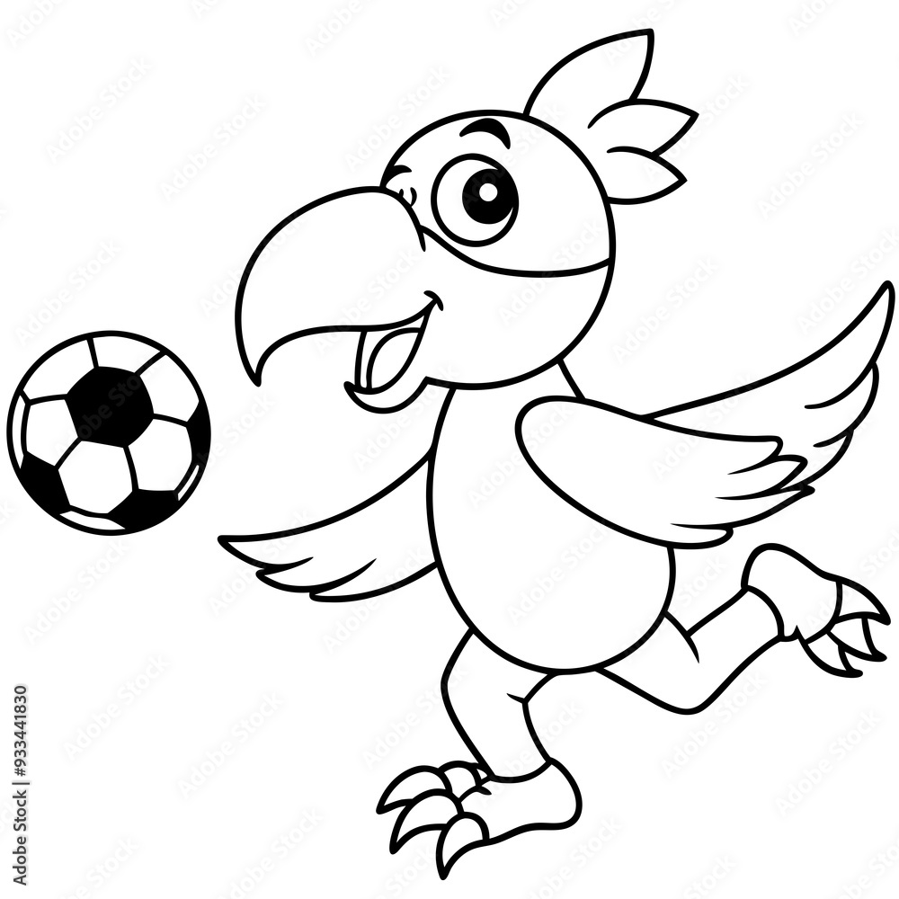 Fototapeta premium Playful Parrot Kicking a Football line art vector illustration
