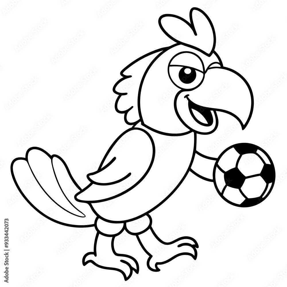 Fototapeta premium Playful Parrot Kicking a Football line art vector illustration
