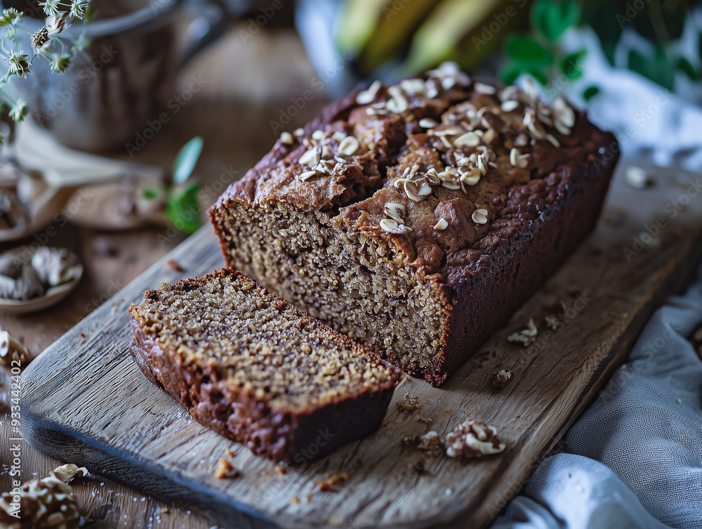 Freshly baked banana bread topped with oats and walnuts on a wooden cutting board
Freshly baked banana bread topped with oats and walnuts on a wooden cutting board