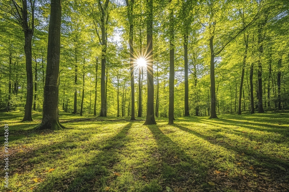 Obraz premium A lush and sunlit green forest scene with rays of sunlight breaking through the dense trees, creating a serene and peaceful atmosphere filled with natural beauty.