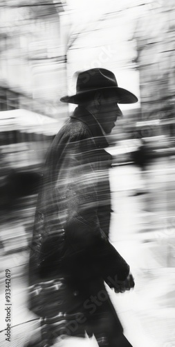 The image captures a man in a black suit and hat walking away from the camera, with a blurry black-and-white effect that conveys a sense of motion and mystery.