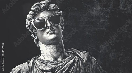 Classical statue wearing sunglasses, ancient art with a modern, stylish twist sketch engraving fictional character raster illustration. Scratch board imitation. Black and white image