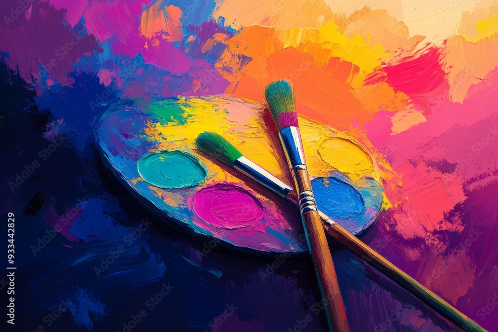 Fototapeta premium A bright and colorful illustration of a painter's palette, with vivid colors and brushes 