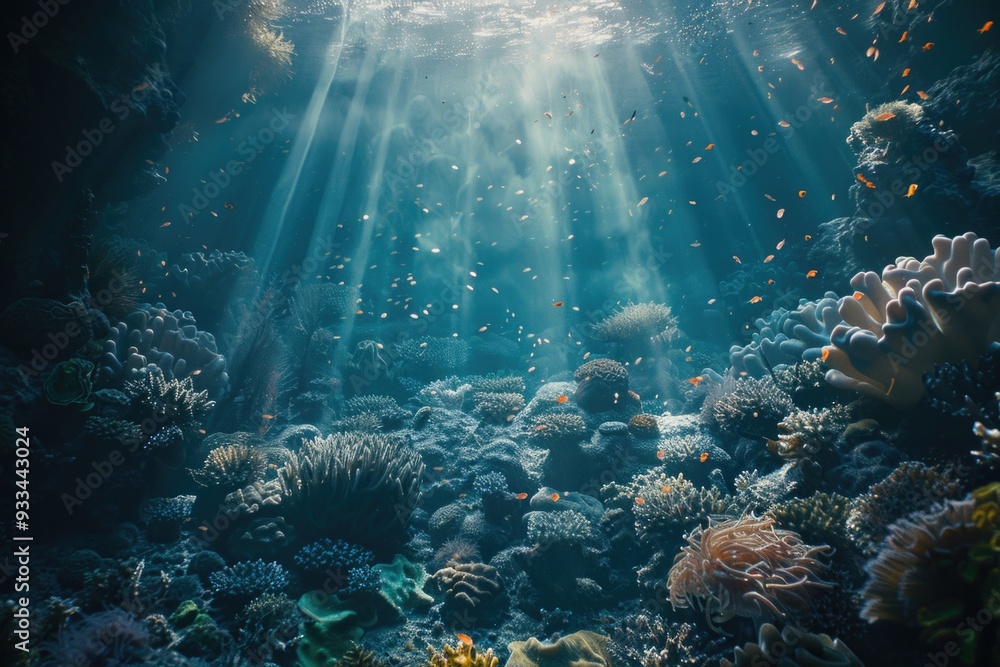 Sunlight illuminates a coral reef, highlighting its vibrant colors and marine life Sunlight illuminates a coral reef, highlighting its vibrant colors and marine life