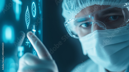 A scientist wearing a mask and cap, using hand gestures to interact with a holographic display of medical data, with icons like DNA strands, AI, and cross symbols, set against a hi photo