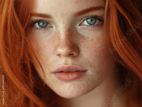 Portrait of a woman with captivating blue eyes, framed by flowing auburn hair. Her eyes sparkling with intelligence and warmth, conveying a sense of confidence.