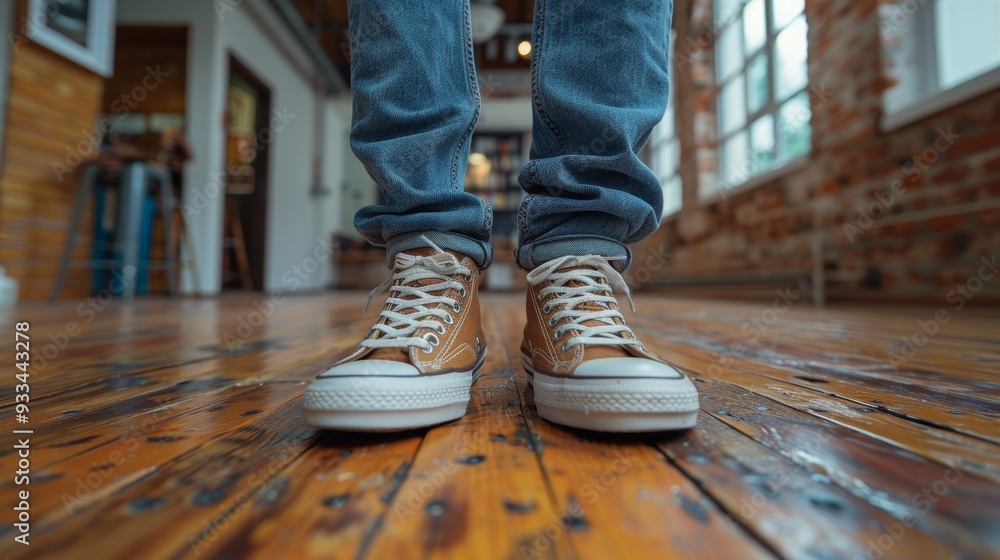 Casual fashion with jeans and sneakers on wooden floor indoors Casual fashion with jeans and sneakers on wooden floor indoors