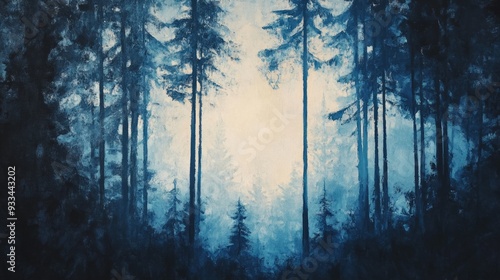 Fototapeta Naklejka Na Ścianę i Meble -  Forest tree silhouettes, a forest landscape, an oil painting, brush textures, a pattern, and a mural can be seen in the design