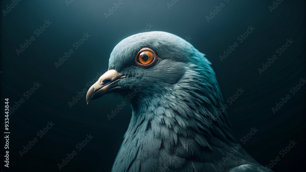 A close-up image of a pigeon showcasing its detailed feathers and striking orange eye A close-up image of a pigeon showcasing its detailed feathers and striking orange eye