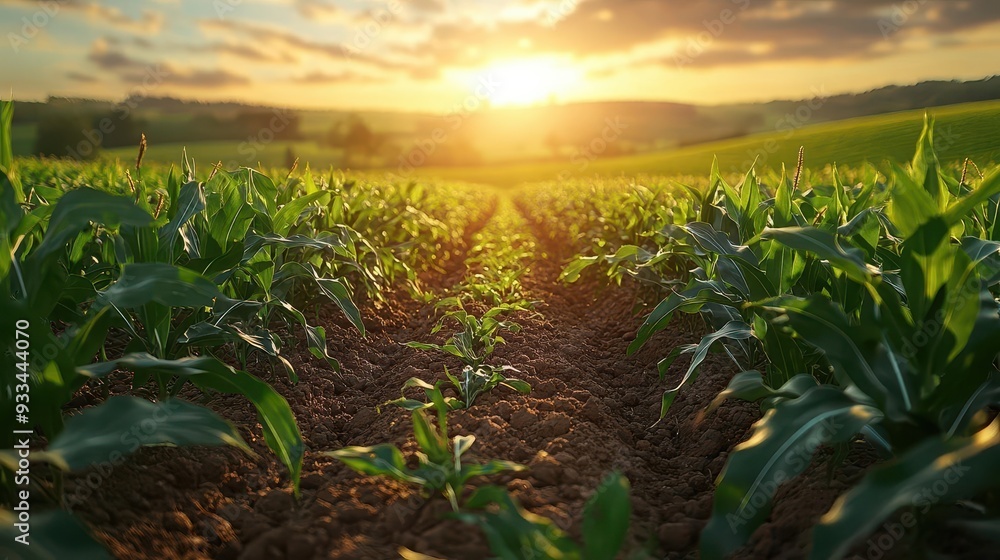 Obraz premium lush organic corn field golden sunlight sustainable agriculture vibrant green crops stretching to horizon