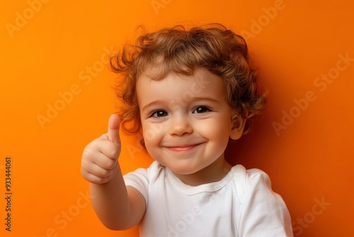 Adorable baby boy showing thumb up on orange background. Happy child with curly hair. A smiling toddler giving a thumbs up with generative ai